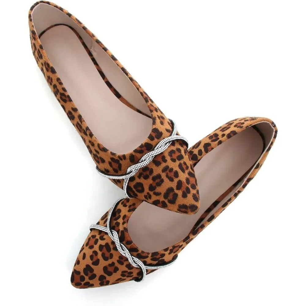 Women's Leopard Casual Flats Fashion Chain Pointed Toe Ballet Flat Rhinestone